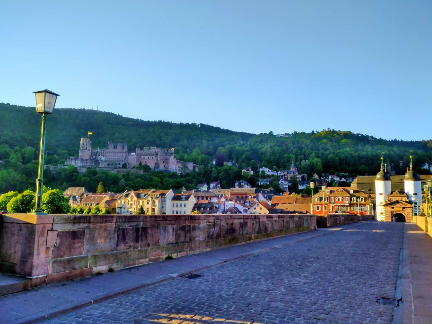 Blick von der Alten Brücke auf die Heidelberger Altstadt und das Schloss